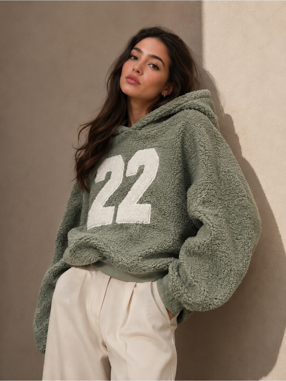 Missguided Olive Green Sherpa Hoodie with '22' Graphic